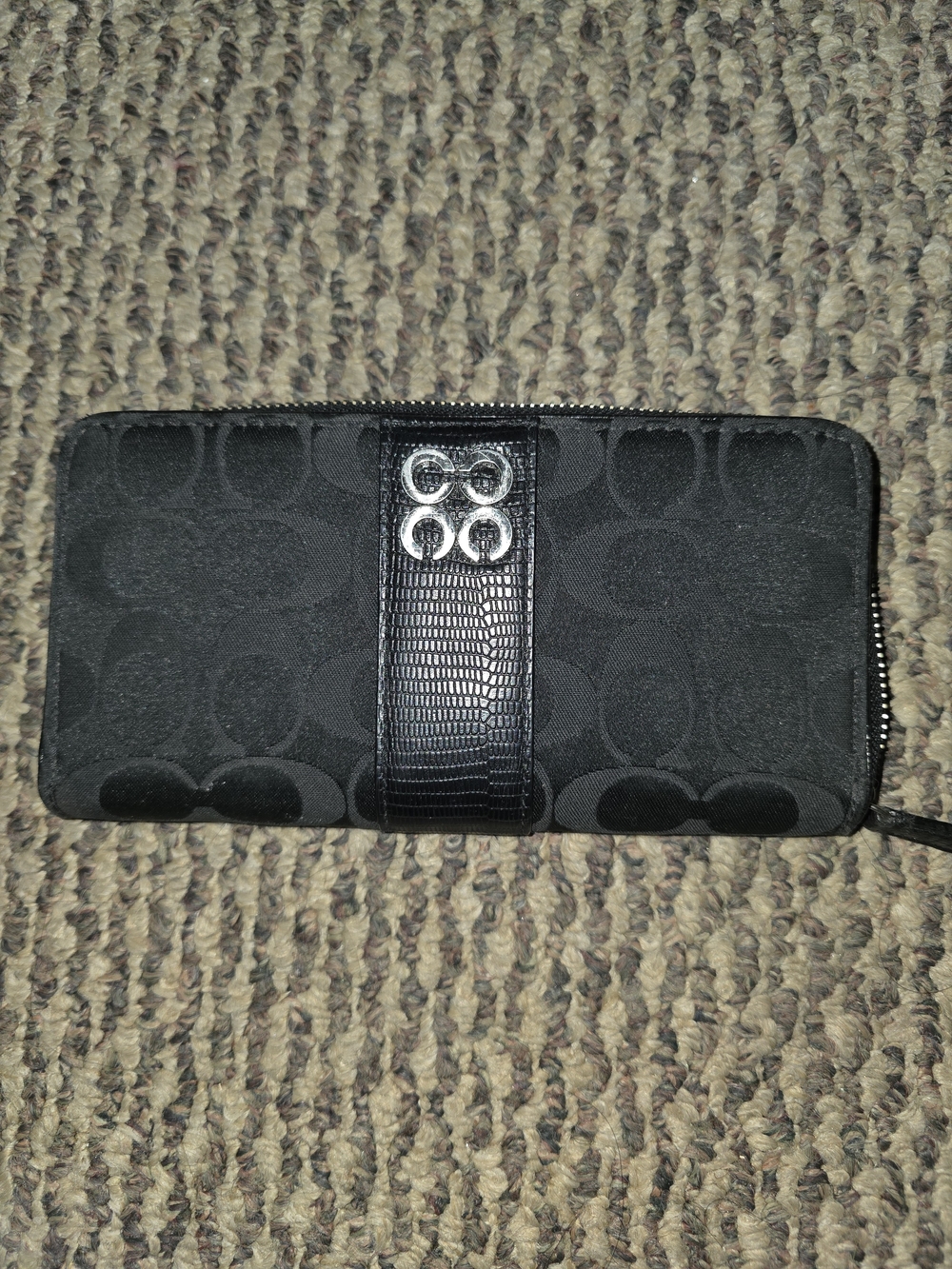 Coach Black Signature Zip-Around Wallet with Accent Strap